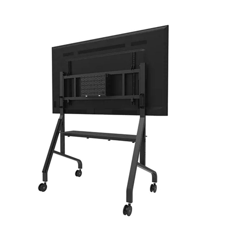 B-Tech Neomounts Extra Large Mobile TV Floor Cart FL50-575BL1, mobile display stand rear angled view with display
