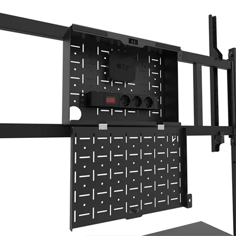 B-Tech Neomounts Extra Large Mobile TV Floor Cart FL50-575BL1, mobile display stand mounting plate and accessory rail detail