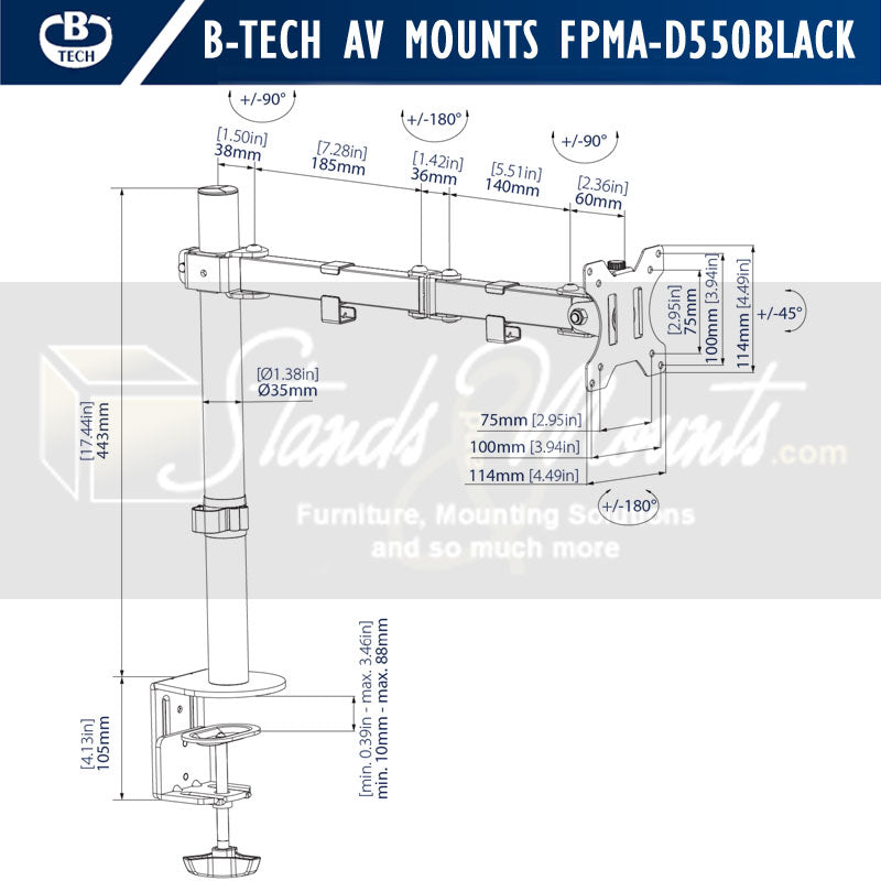 B-Tech Neomounts Full Motion Desk Mount FPMA-D550BLACK, monitor desk mount technical dimensions diagram