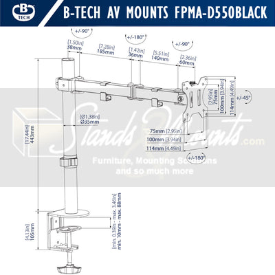 B-Tech Neomounts Full Motion Desk Mount FPMA-D550BLACK, monitor desk mount technical dimensions diagram