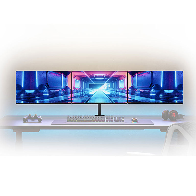 B-Tech Neomounts Full Motion Desk Mount FPMA-D550D3BLACK, triple monitor arm installed desktop view