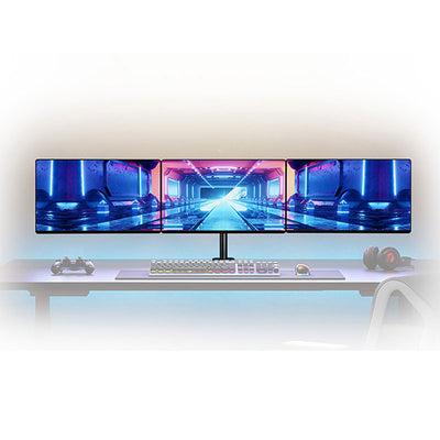 B-Tech Neomounts Full Motion Desk Mount FPMA-D550D3BLACK, triple monitor arm installed desktop view