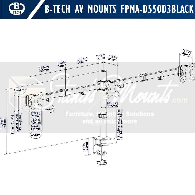 B-Tech Neomounts Full Motion Desk Mount FPMA-D550D3BLACK, triple monitor arm dimensions diagram