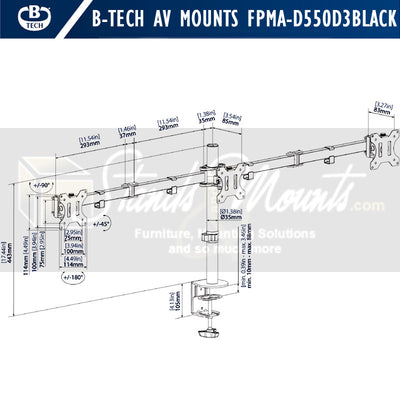 B-Tech Neomounts Full Motion Desk Mount FPMA-D550D3BLACK, triple monitor arm dimensions diagram