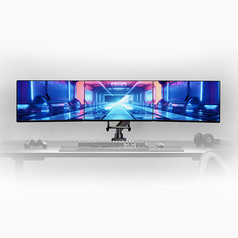 B-Tech Neomounts Full Motion Desk Mount NM-D775DX3BLACK, triple monitor arm installed desktop view