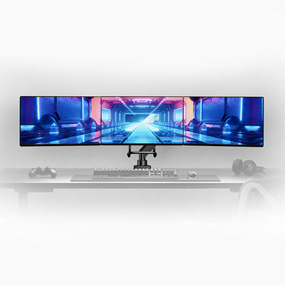 B-Tech Neomounts Full Motion Desk Mount NM-D775DX3BLACK, triple monitor arm installed desktop view