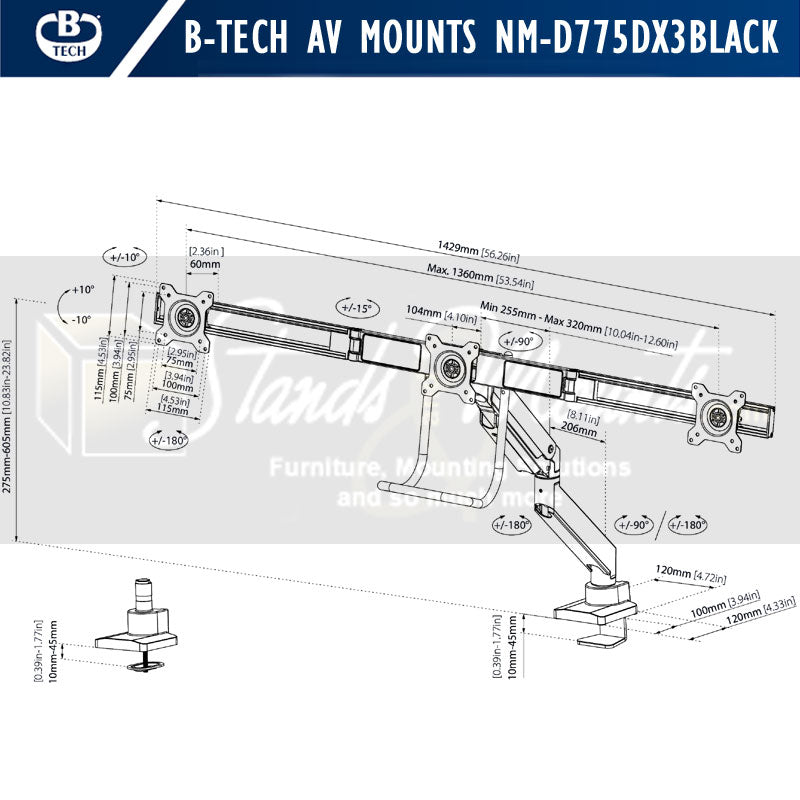 B-Tech Neomounts Full Motion Desk Mount NM-D775DX3BLACK, triple monitor arm dimensions diagram