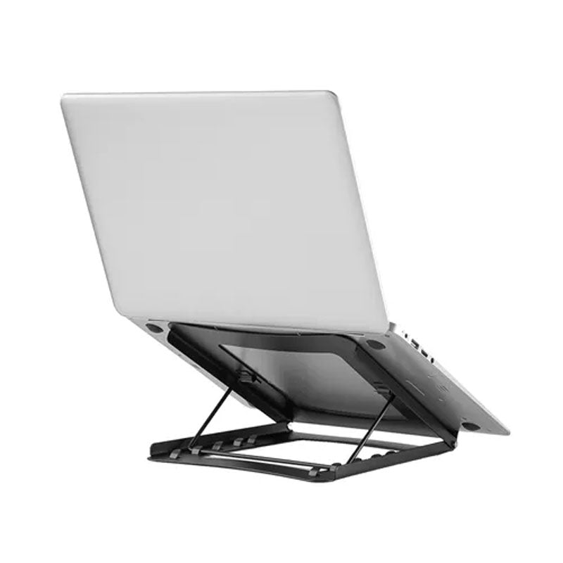 B-Tech Neomounts Foldable Laptop Stand NSLS075BLACK, laptop riser with laptop front three-quarter view