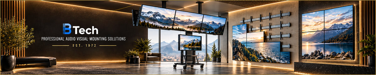 B-Tech AV mounting solutions featuring wall-mounted monitors, a multi-screen video wall, and a TV display on a floor stand.
