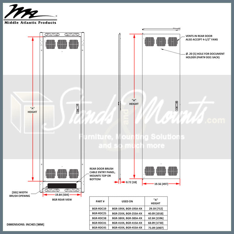 Middle Atlantic Rear Door BGR-RDC25, cable management spine height dimensions diagram