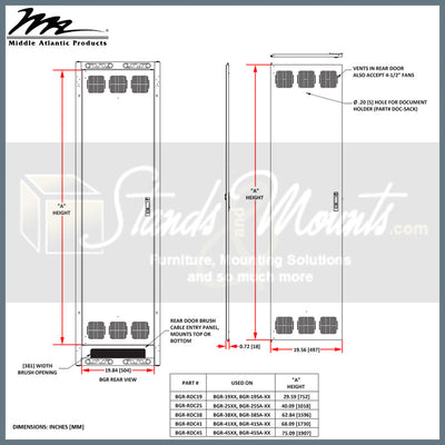 Middle Atlantic Rear Door BGR-RDC25, cable management spine height dimensions diagram