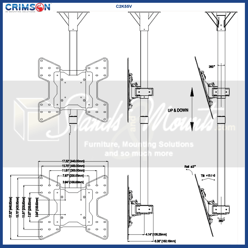 Crimson Large Dual TV Ceiling Mount C2K55V, dual-display ceiling mount dimensions diagram
