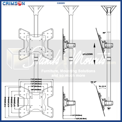 Crimson Large Dual TV Ceiling Mount C2K55V, dual-display ceiling mount dimensions diagram
