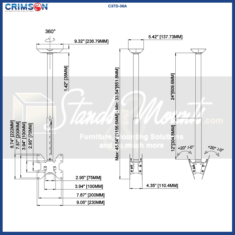 Crimson Medium Adj Height TV Ceiling Mount C37D-36A, ceiling projector mount dimensions diagram