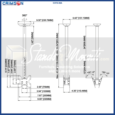 Crimson Medium Adj Height TV Ceiling Mount C37D-36A, ceiling projector mount dimensions diagram