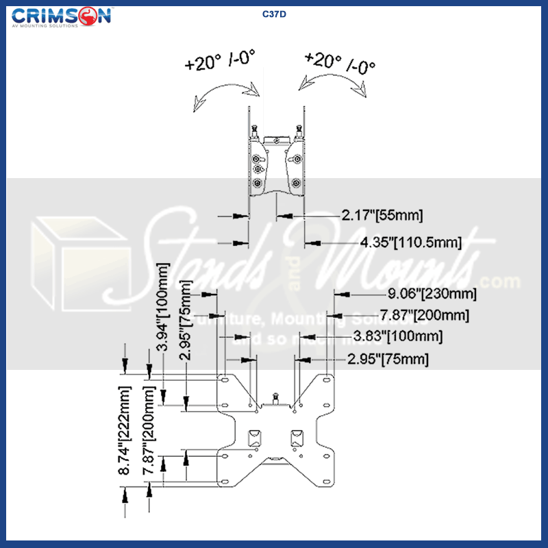 Crimson Medium TV Ceiling Mount Lower Assembly C37D, multi-arm mounting bracket technical dimensions diagram