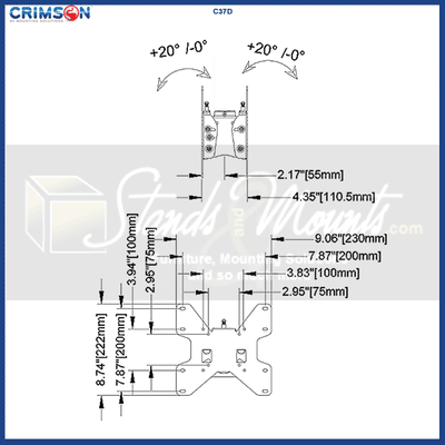 Crimson Medium TV Ceiling Mount Lower Assembly C37D, multi-arm mounting bracket technical dimensions diagram