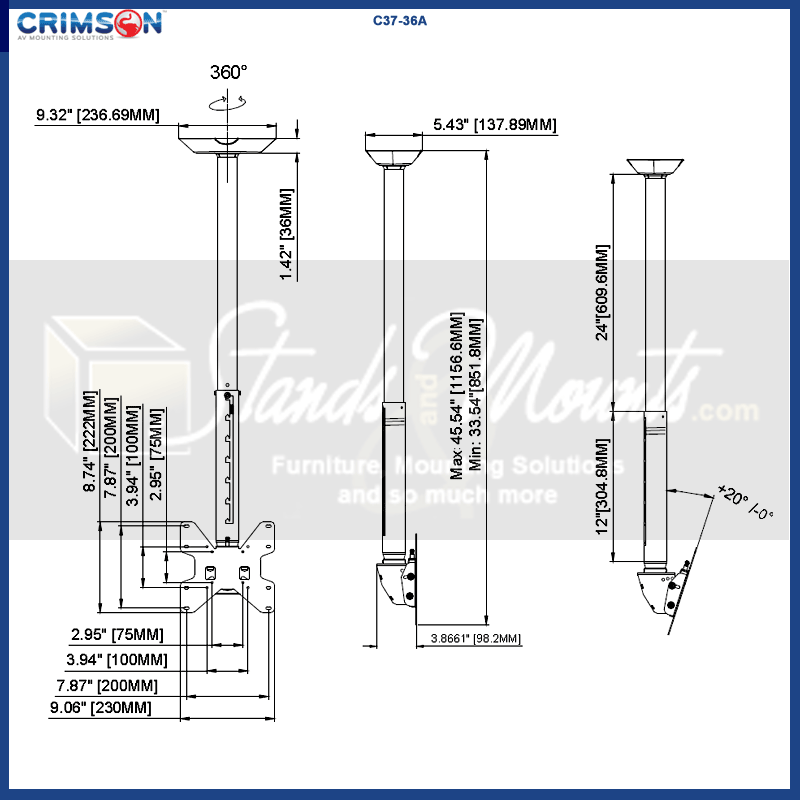 Crimson Medium TV Ceiling Mount C37-36A, ceiling TV mount dimensions diagram