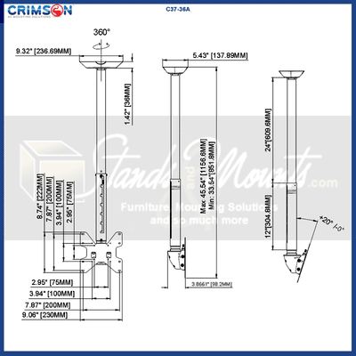 Crimson Medium TV Ceiling Mount C37-36A, ceiling TV mount dimensions diagram