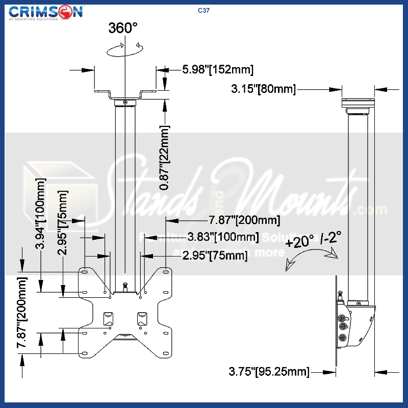 Crimson Medium TV Ceiling Mount Lower Assembly C37, ceiling display mount technical dimensions