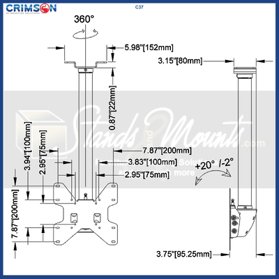Crimson Medium TV Ceiling Mount Lower Assembly C37, ceiling display mount technical dimensions
