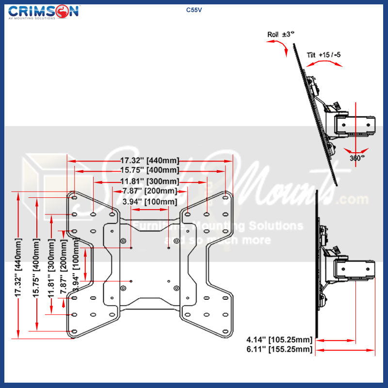 Crimson C55V-KIT3 VESA Truss Ceiling Mount Kit, tilting wall mount dimensions and angle diagram