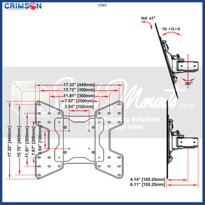 Crimson C55V-KIT3 VESA Truss Ceiling Mount Kit, tilting wall mount dimensions and angle diagram