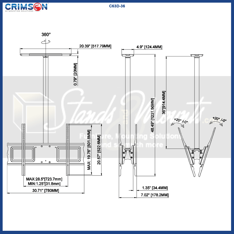 Crimson Large TV Ceiling Mount C63D-36, multi-display ceiling mount dimensions diagram