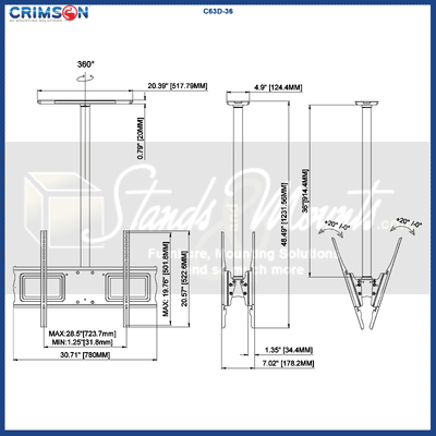 Crimson Large TV Ceiling Mount C63D-36, multi-display ceiling mount dimensions diagram