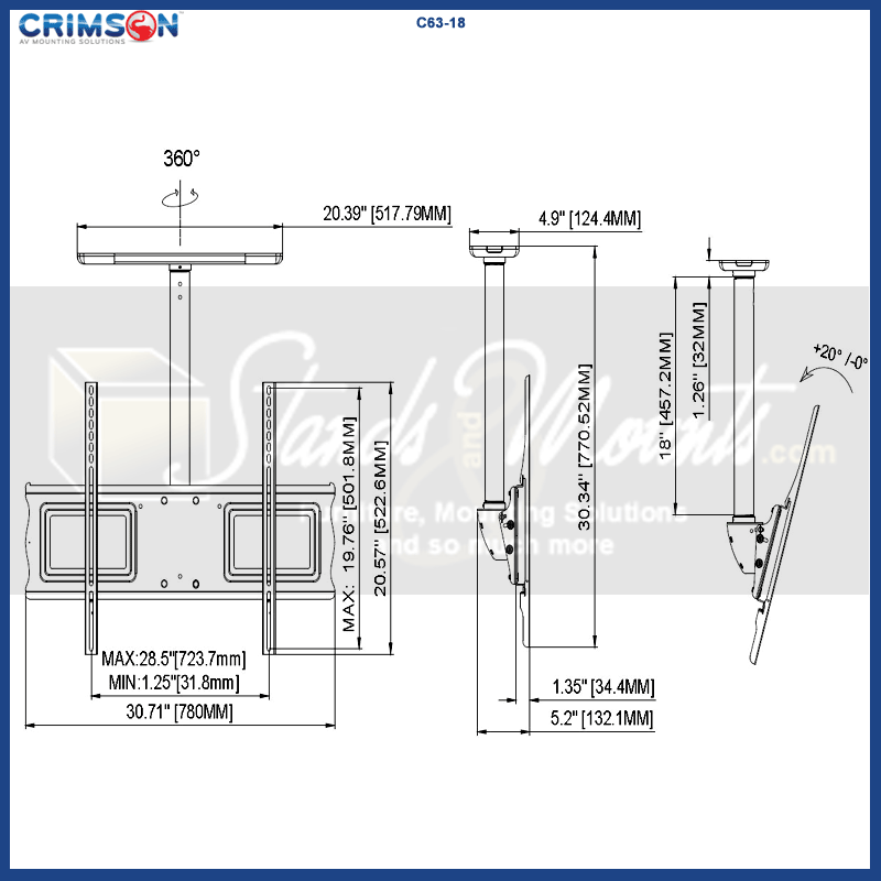 Crimson Large TV Ceiling Mount C63-18, ceiling dual-display mount technical dimensions diagram