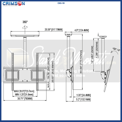 Crimson Large TV Ceiling Mount C63-18, ceiling dual-display mount technical dimensions diagram