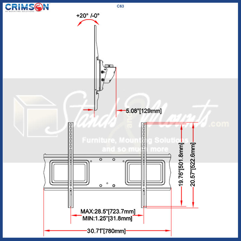 Crimson C63-KIT4 Universal Truss Ceiling Mount Kit, tilting TV wall mount dimensions diagram