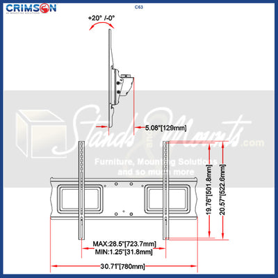 Crimson C63-KIT4 Universal Truss Ceiling Mount Kit, tilting TV wall mount dimensions diagram