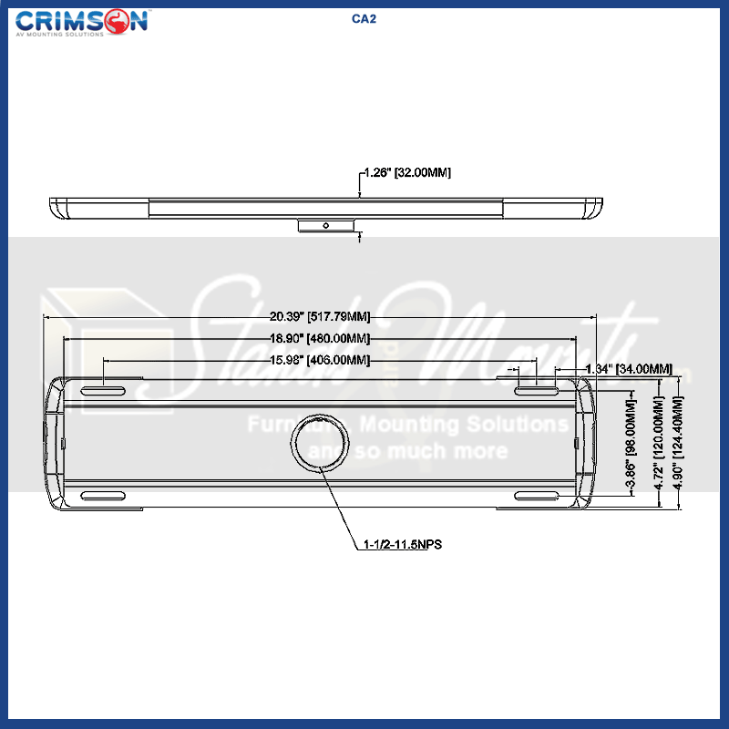 Crimson Dual Joist Ceiling Adapter CA2, equipment isolation platform technical dimensions diagram
