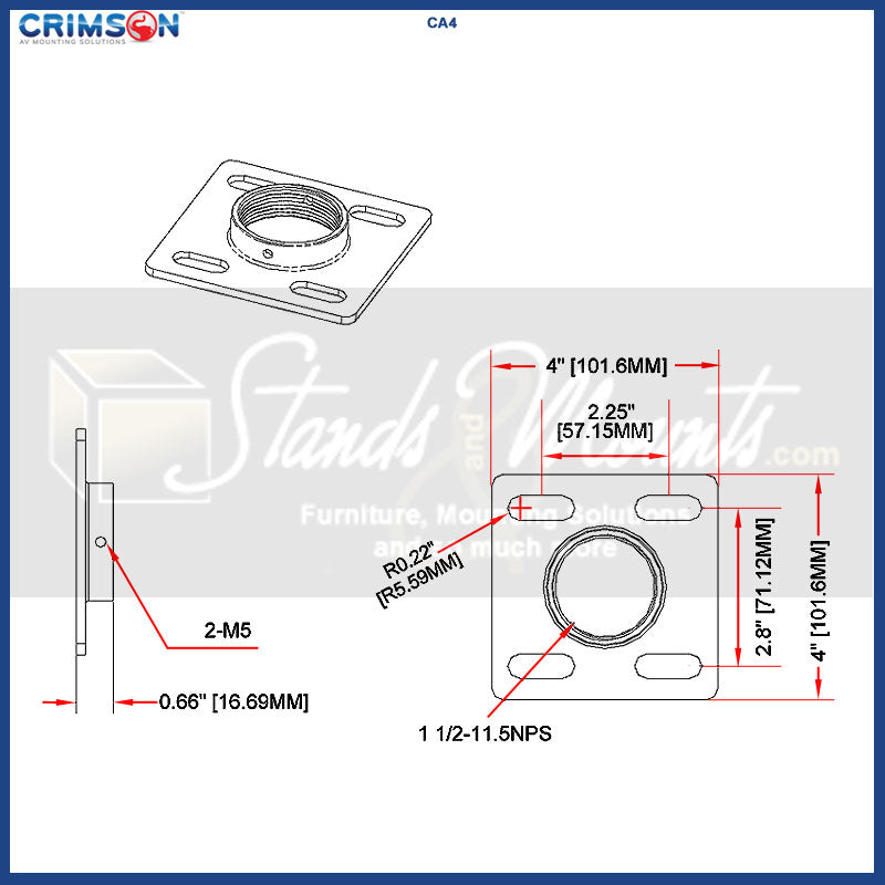Crimson CXT-KIT9 Extreme Tilt Ceiling Mount Kit, ceiling adapter plate dimensions diagram