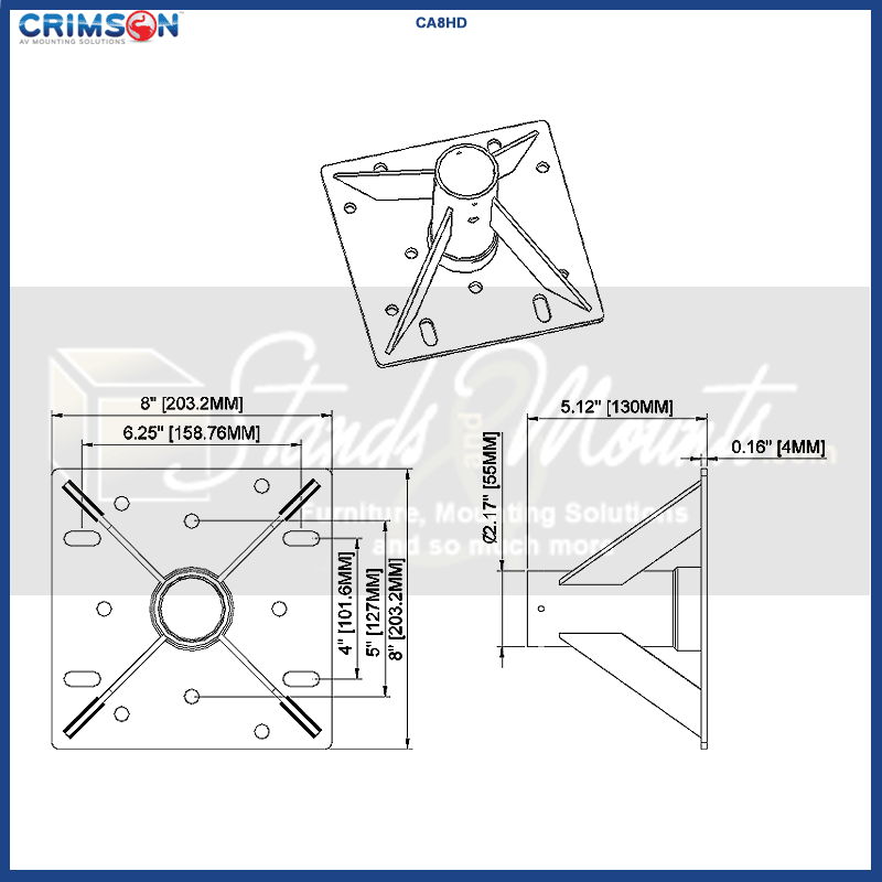 Crimson Heavy Duty Ceiling Adapter CA8HD, ceiling adapter plate dimensions diagram