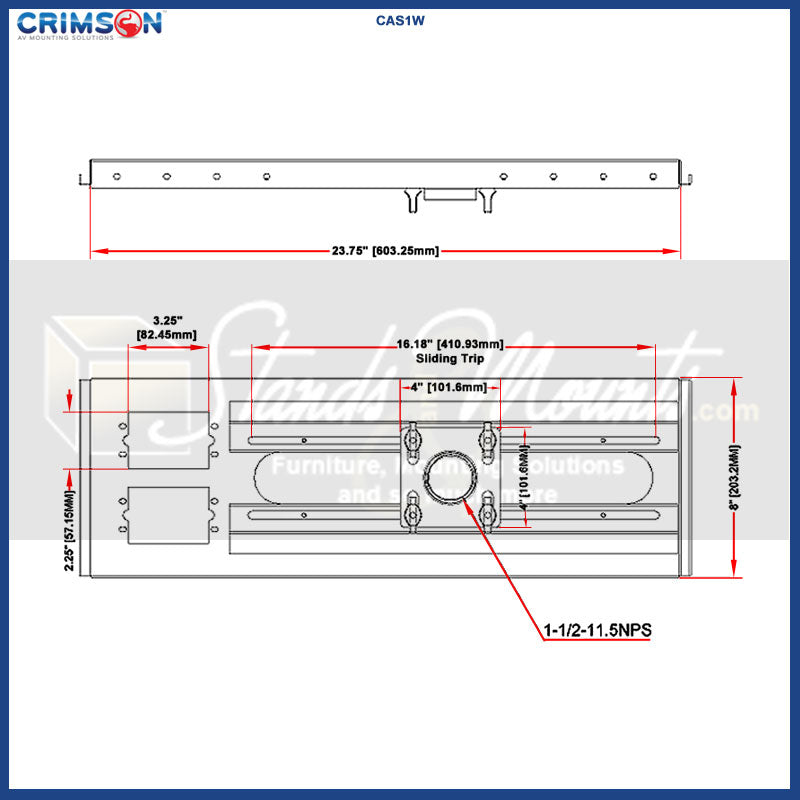 Crimson CXT-KIT4 Extreme Tilt Above Grid Ceiling Kit, suspended projector pan dimensions diagram