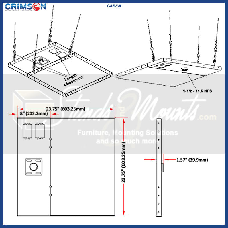 Crimson CXT-KIT8 Extreme Tilt 2x2 Tile Ceiling Kit, suspended ceiling adapter dimensions diagram
