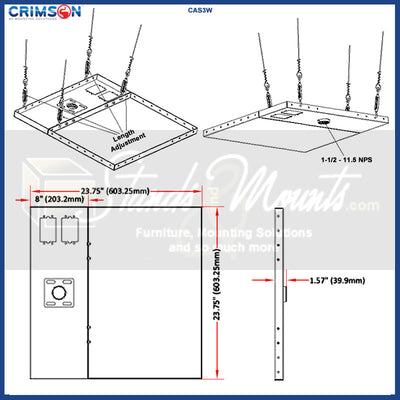 Crimson CXT-KIT8 Extreme Tilt 2x2 Tile Ceiling Kit, suspended ceiling adapter dimensions diagram