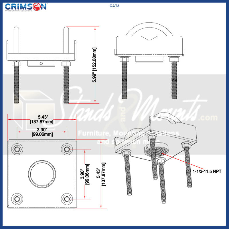 Crimson C55V-KIT3 VESA Truss Ceiling Mount Kit, mounting clamp dimensions diagram