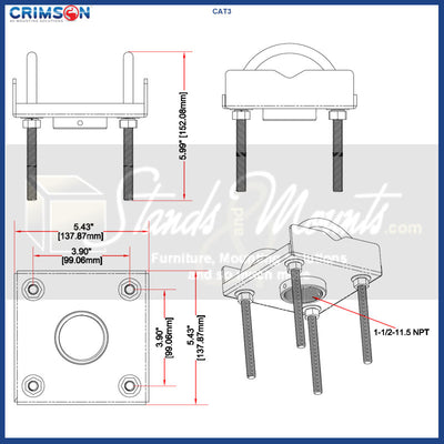 Crimson C55V-KIT3 VESA Truss Ceiling Mount Kit, mounting clamp dimensions diagram