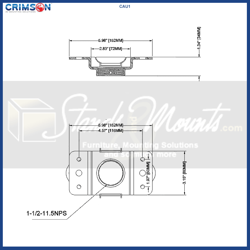 Crimson Single Unistrut Ceiling Adapter with Hardware CAU1, projector mount technical dimensions diagram
