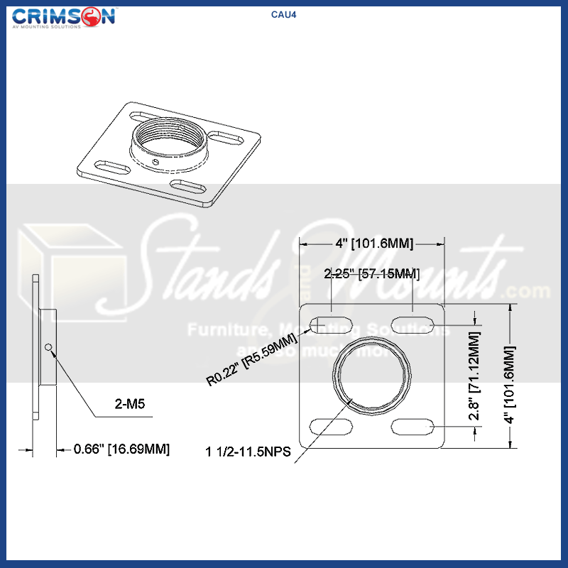 Crimson Dual Unistrut Ceiling Adapter CAU4, ceiling flange dimensions diagram