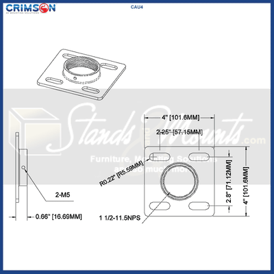 Crimson Dual Unistrut Ceiling Adapter CAU4, ceiling flange dimensions diagram