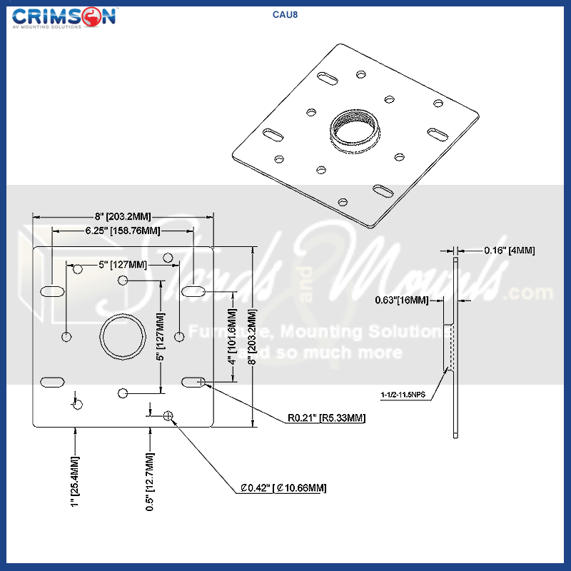 Crimson Dual Unistrut Ceiling Adapter CAU8, ceiling adapter plate technical dimensions