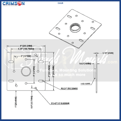 Crimson Dual Unistrut Ceiling Adapter CAU8, ceiling adapter plate technical dimensions
