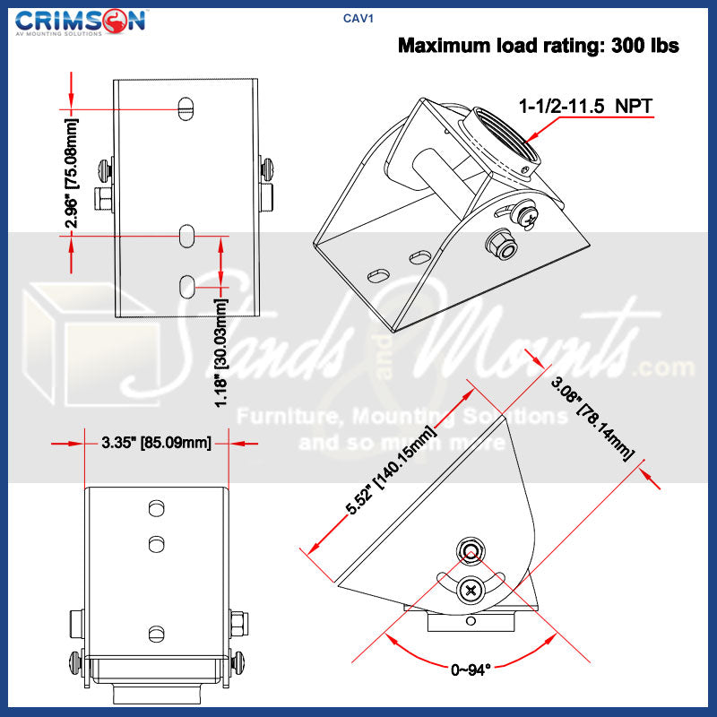 Crimson C55V-KIT2 VESA Cathedral Ceiling Mount Kit, ceiling adapter dimensions and load rating diagram