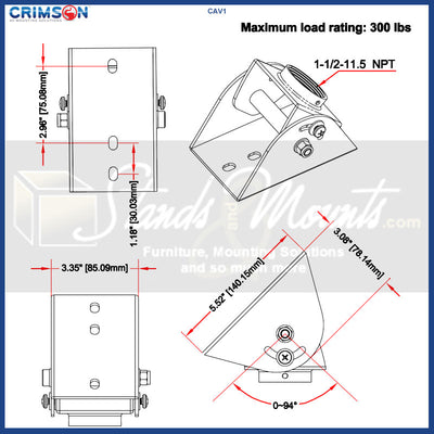 Crimson C55V-KIT2 VESA Cathedral Ceiling Mount Kit, ceiling adapter dimensions and load rating diagram