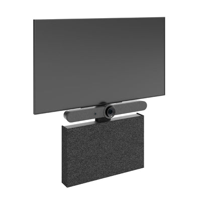 Chief Fusion Storage Cabinet and Camera Mount FCASTC, display installed with camera soundbar and acoustic panel