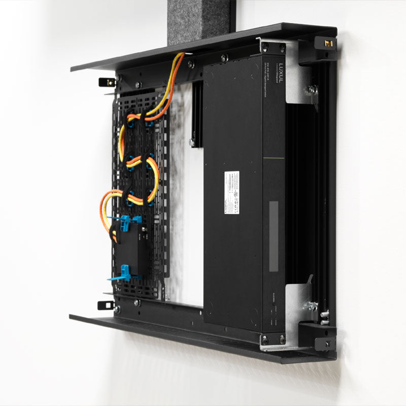 Chief Fusion Storage Cabinet and Camera Mount FCASTC, wall-mounted equipment enclosure interior with computer